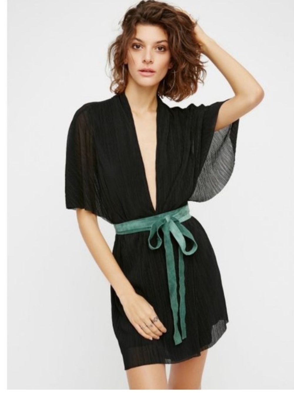 Free People Black Plissé Open Back Romper Green Velvet Tie Size Small